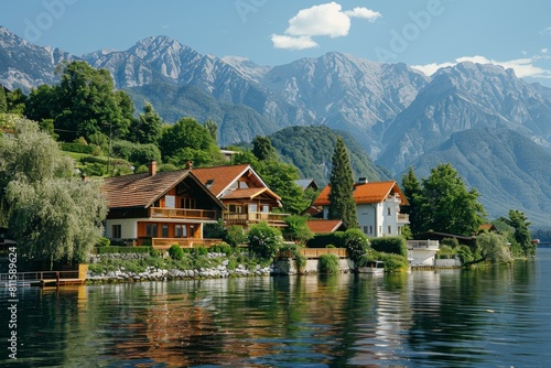 Austrian houses near a lake and mountains. European elegance, tidiness, and beauty. 