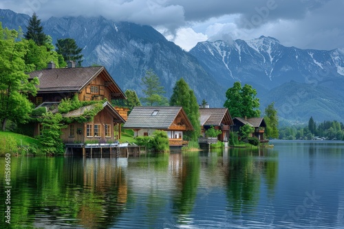 Austrian houses near a lake and mountains. European elegance, tidiness, and beauty. 