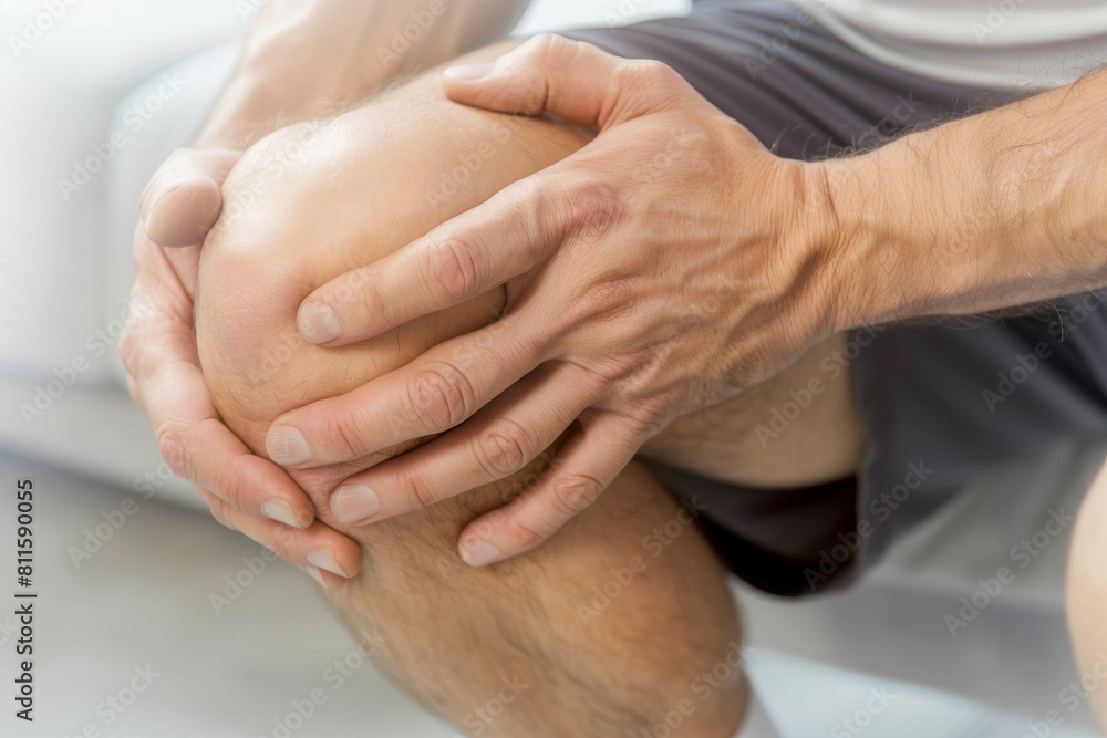 Fototapeta premium 両手でひざを押さえる日本人男性（膝の痛み・ひざの痛み・関節痛・膝関節）