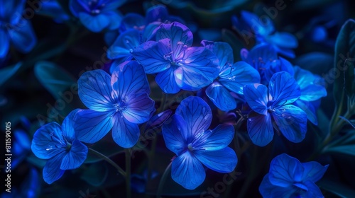 Vibrant blue flowers in the dark