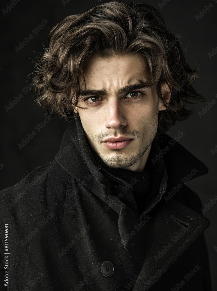 Brooding young man with curly hair and intense gaze Brooding young man with curly hair and intense gaze