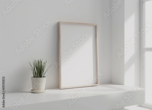 blank wooden picture frame sitting on a white shelf - mockup template