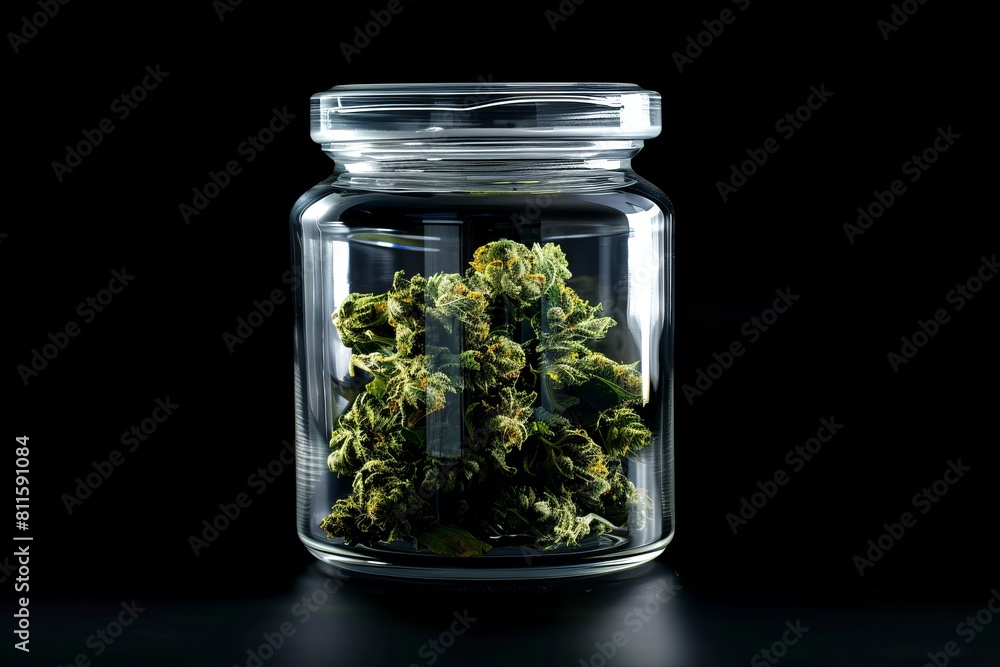 Marijuana buds in glass jar Marijuana buds in glass jar