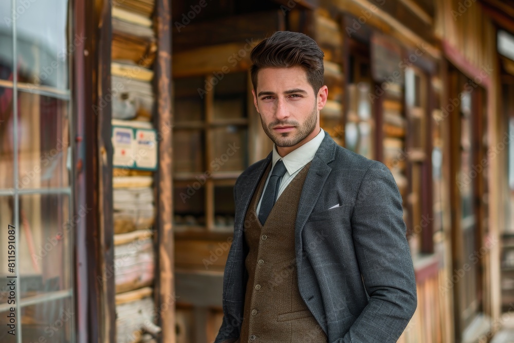 Stylish young man in formal attire standing in front of a rustic wooden building