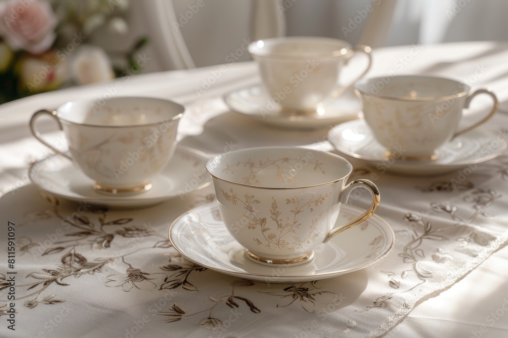 Elegant vintage tea set on a floral tablecloth