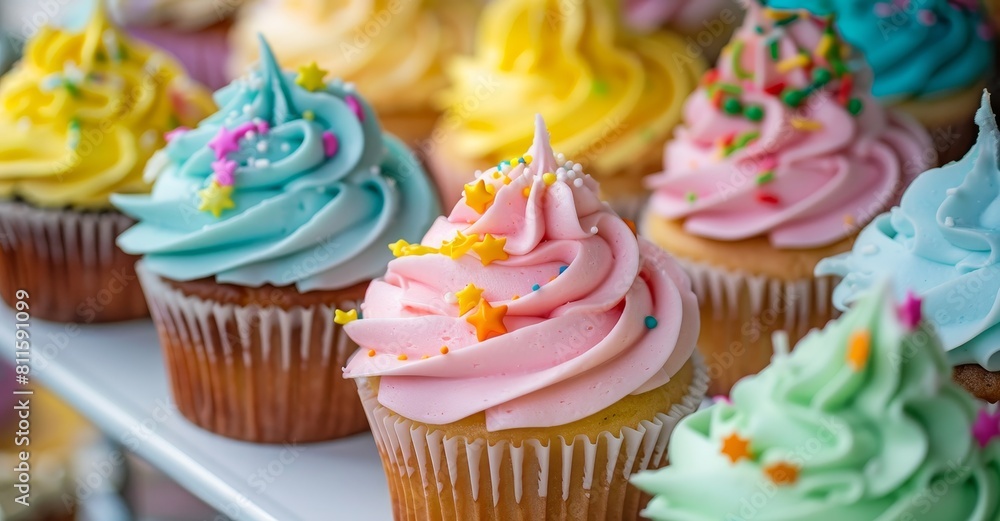 Colorful cupcakes with festive frosting and sprinkles Colorful cupcakes with festive frosting and sprinkles