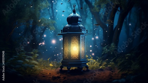 A majestic Islamic Ramadan celebration lantern glowing in a mystical forest at night