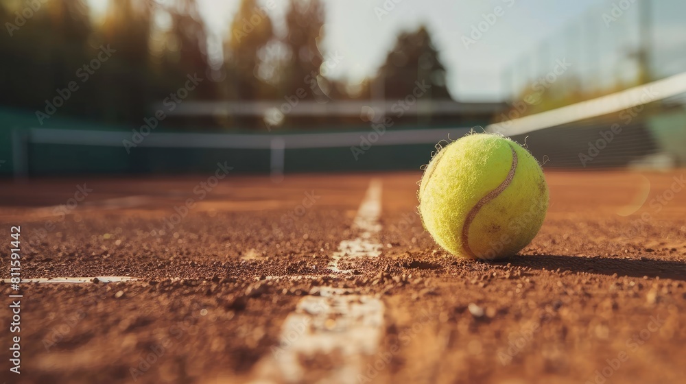 Tennis ball on tennis clay court with copy space for text, Sport and healthy lifestyle wallpaper or background