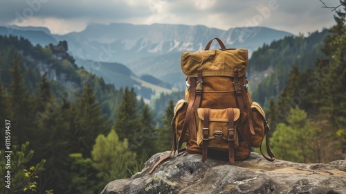 A backpack stands on a rock against a background of forest and mountains