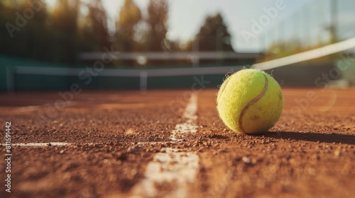 Tennis ball on tennis clay court with copy space for text, Sport and healthy lifestyle wallpaper or background © BOONJUNG