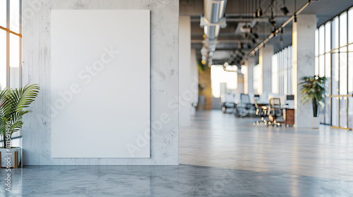 An empty poster frame in a modern office interior, on a concrete wall, with natural light from windows, concept of advertising space. Generative AI © Who is Danny
