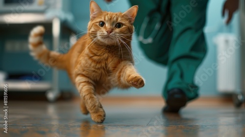 A cat running from a veterinarian in a pets hospital, Veterinarian with a Cat, Pet clinic