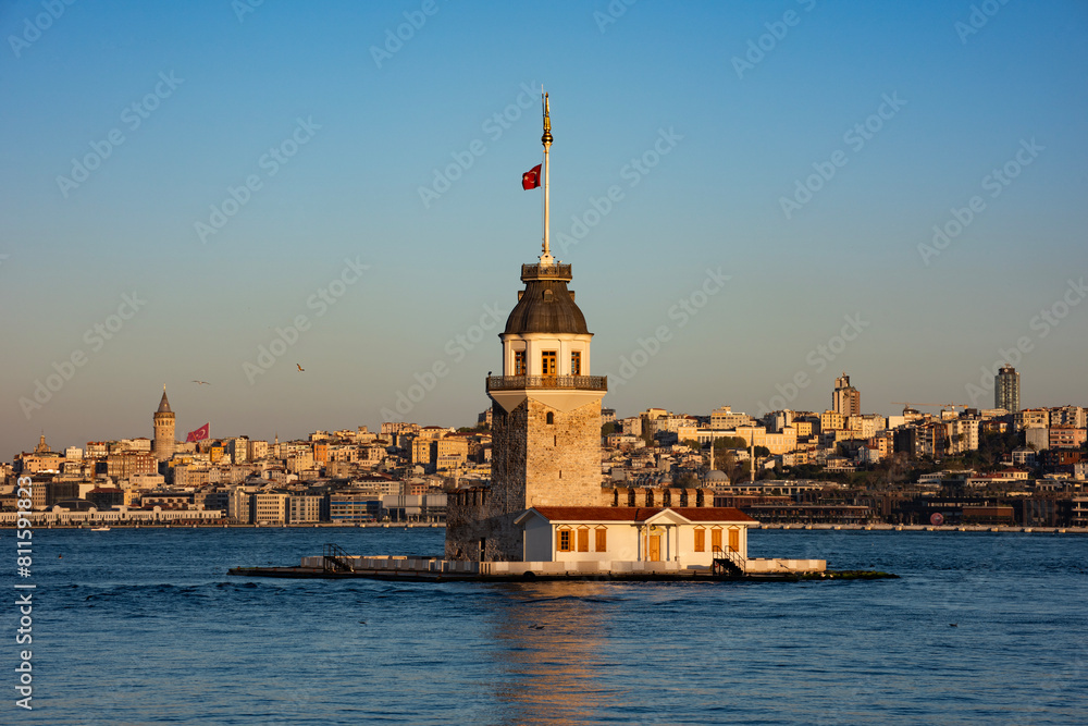 Maiden's Tower with beautiful sunrise sky in Istanbul, Turkey. (Turkish Name: Kiz Kulesi). Colorful sunrise sky in Istanbul. Maiden's Tower with beautiful sunrise sky in Istanbul, Turkey. (Turkish Name: Kiz Kulesi). Colorful sunrise sky in Istanbul.