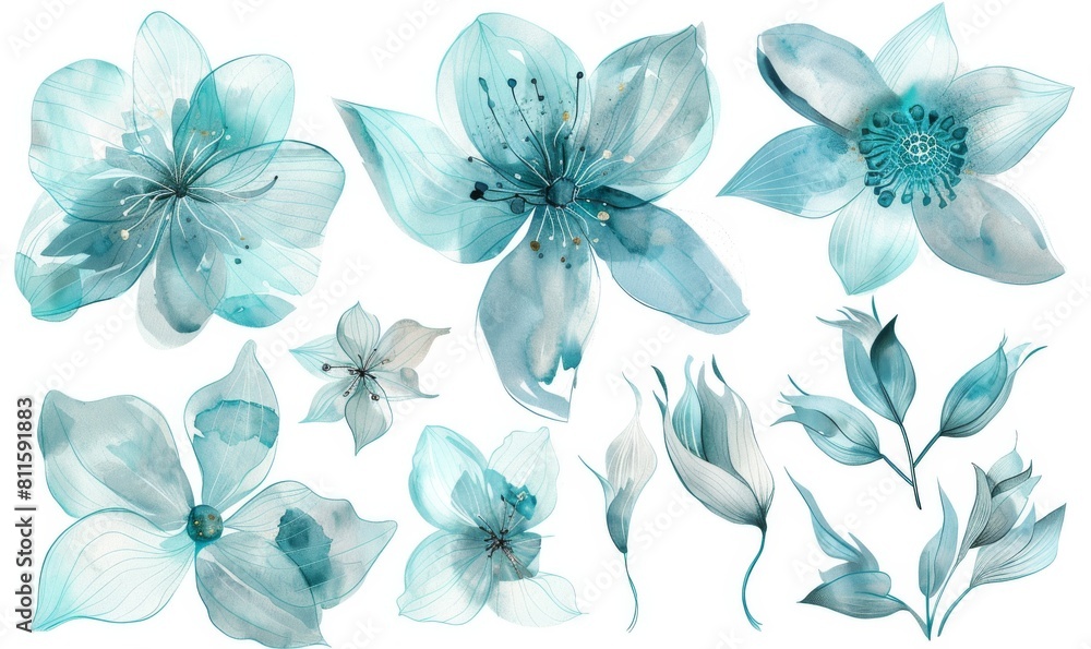 Set of watercolor light blue and teal flowers clipart Set of watercolor light blue and teal flowers clipart