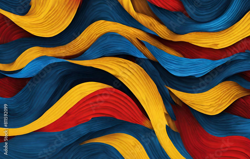 Abstract features yellow blue and red colors with a flow grainy wave background 