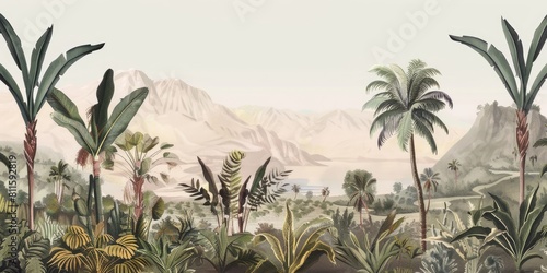 wallpaper landscape with desert and cactus  old drawing vintage