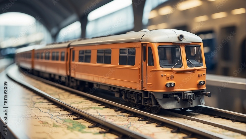 Train model on map rail transportation or train journey Train model on map rail transportation or train journey