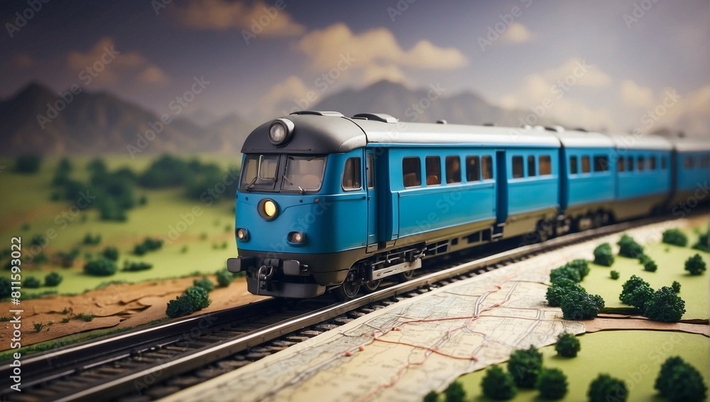 Train model on map rail transportation or train journey Train model on map rail transportation or train journey