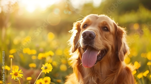 golden retriever dog sitting in a sunlit field of yellow flower