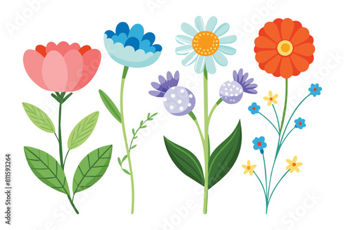  Spring flowers. Cartoon wildflowers chamomile, tulip and forget-me-not, cornflower and sage with leaves, floral botanical elements. Blossom of garden flower vector set.