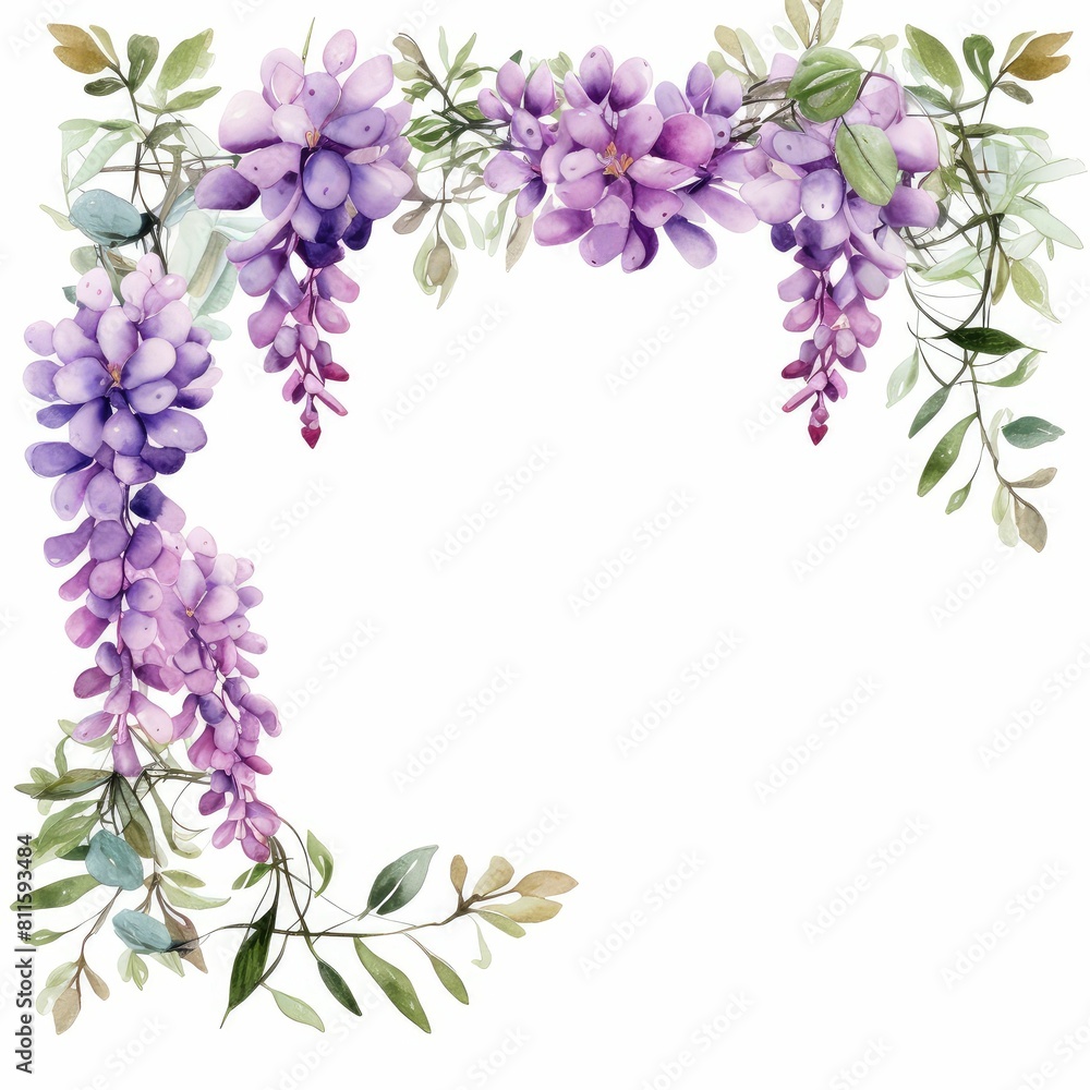 wisteria themed frame or border for photos and text. cascading purple blooms. watercolor illustration,  flowers frame, botanical border, botanical painting.