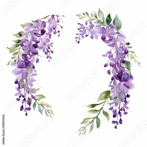 wisteria themed frame or border for photos and text. cascading purple blooms. watercolor illustration,  flowers frame, botanical border, botanical painting. © JR BEE