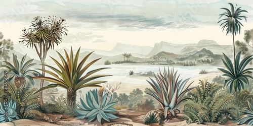wallpaper landscape with desert and cactus, old drawing vintage 