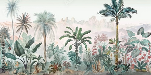wallpaper landscape with desert and cactus  old drawing vintage 