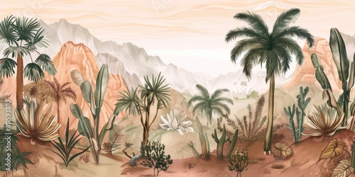 wallpaper landscape with desert and cactus  old drawing vintage 