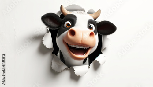 A happy cow with black and white spots and a friendly expression emerges from a torn white wall, showcasing its wide smile and bright eyes.