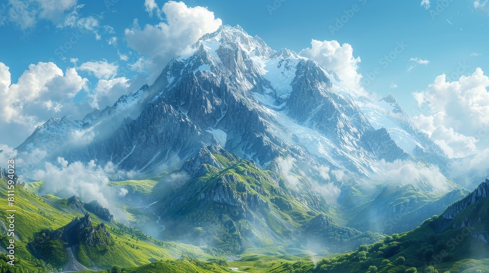 A mountain range with a clear blue sky and clouds
