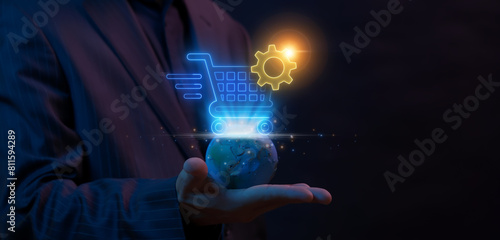 Wallpaper Mural Procurement Management Industry for supply chain and retail logistics concept. Businessman showing earth global with neon line of shopping cart with gears sign. Torontodigital.ca