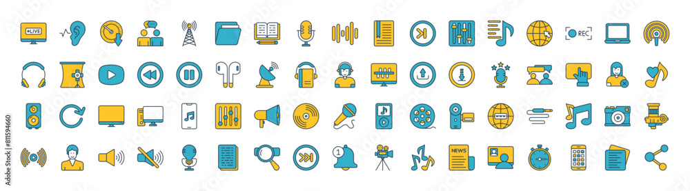 © nidhi07 - Podcast icons set. such as Listening, Live, Chapter, Slow Down, Communication, Antenna, Stream, Folder , Earbuds, Broadcast, Audiobook, Audio Editing and Download vector illustration.