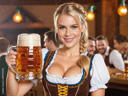 portrait of happy Smiling attractive sexy Oktoberfest waitress, wearing a traditional Bavarian dress, toasting with a big beer mug