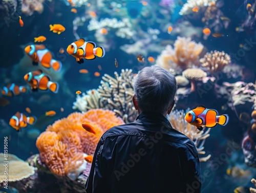 A old man looks at anemone fish in the aquarium.
