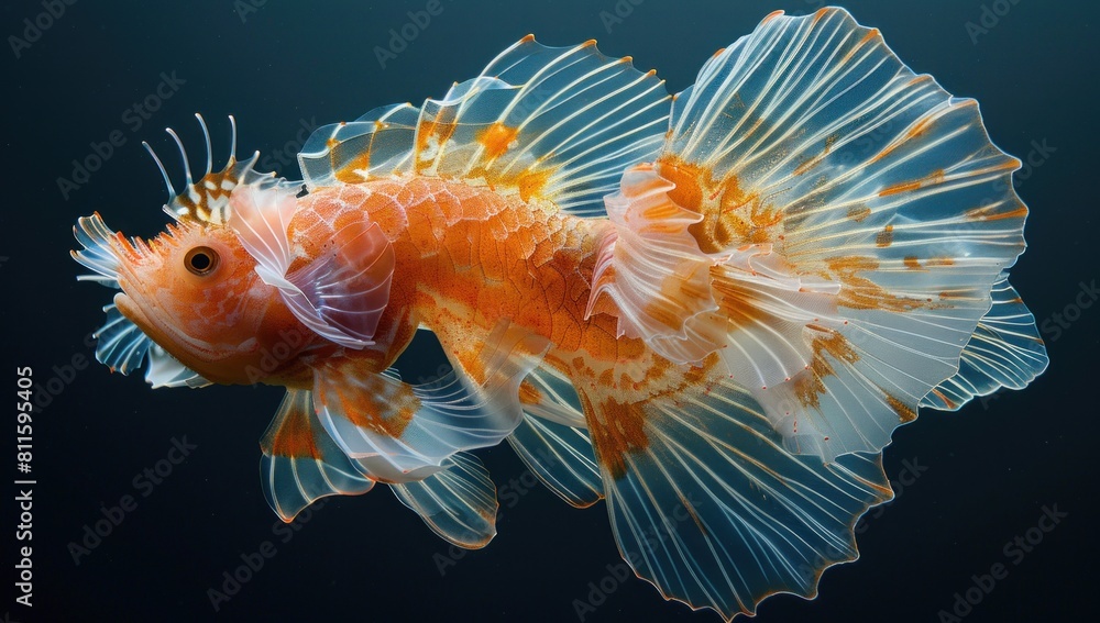 Focus on capturing the deep-sea fish's intricate details and textures, from its delicate fins to its shimmering scales, in stunning clarity. Focus on capturing the deep-sea fish's intricate details and textures, from its delicate fins to its shimmering scales, in stunning clarity.