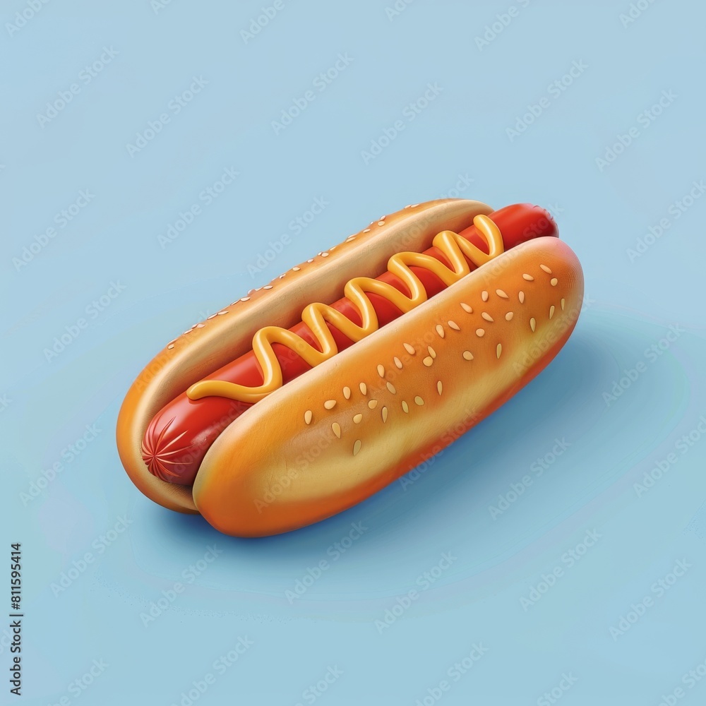 Tasty 3D hot dog illustration with mustard sauce and bun, fast food design isolated on blue background. Tasty 3D hot dog illustration with mustard sauce and bun, fast food design isolated on blue background.