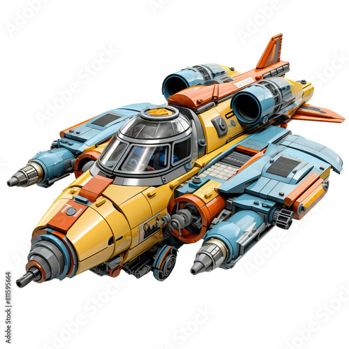 The spaceship is yellow, blue and orange. It has a cockpit in the front and two engines on the back. The spaceship is also equipped with four guns.