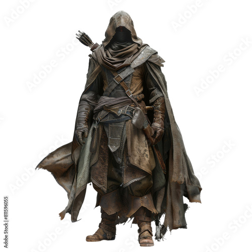 Detailed depiction of a mysterious medieval archer clad in a tattered cloak and hood transparent background, PNG