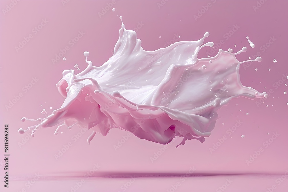 A splash of pink milk is shown in the air, creating a sense of motion ...