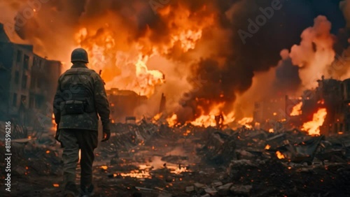 As a soldier with a machine gun stands in the ruins of a burned-out city looking at a nuclear explosion after a bombing photo