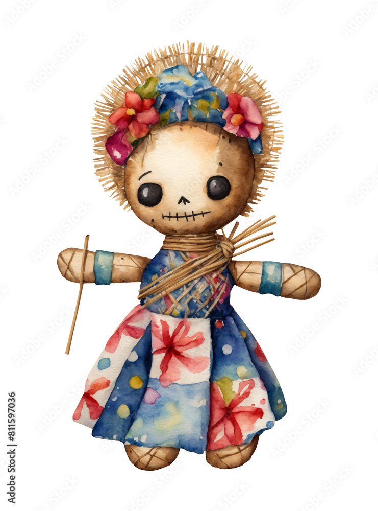 Watercolor illustration of a cute voodoo doll isolated on a transparent background. Voodoo witchcraft ceremonial items, spirituality and occultism concept.