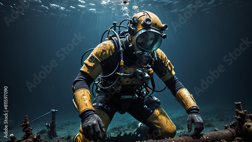 AI image generate divers doing dangerous work on the seabed