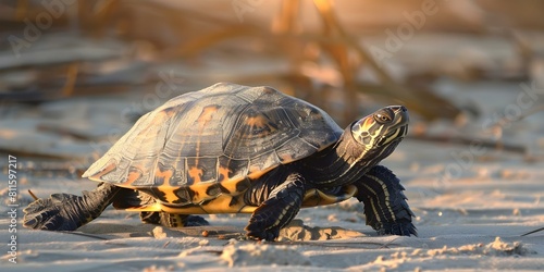 A determined turtle with a weathered shell crawls along a sandy shoreline. Concept Nature, Wildlife, Turtle, Determination, Shoreline photo