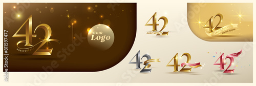 42nd anniversary logotype modern gold number with shiny ribbon. alternative logo number Golden anniversary celebration