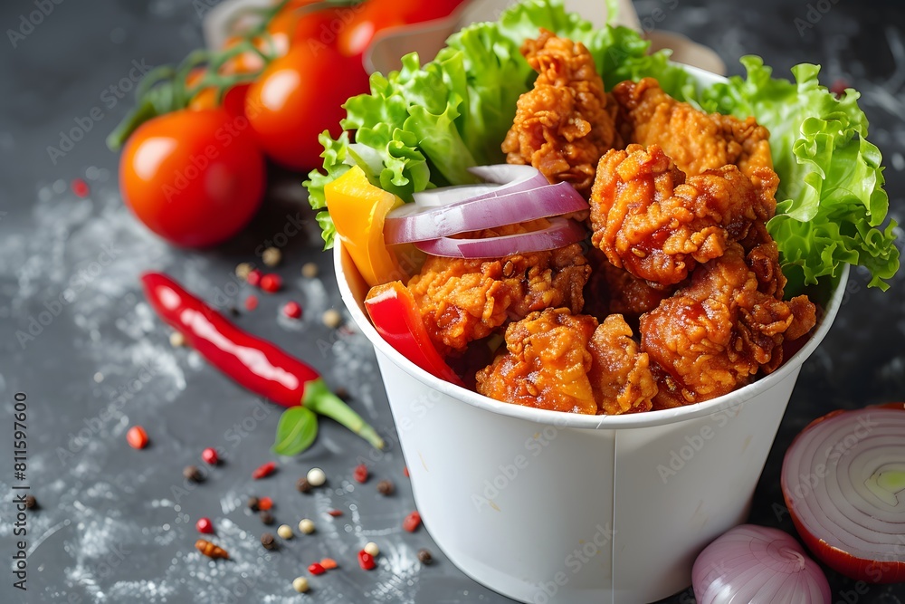 Delectable crunchy chicken, expertly cooked, still warm and incredibly appetizing, accompanied by sliced onions, sliced chilies, sliced peppers, and sliced tomatoes, presented on wood. Delectable crunchy chicken, expertly cooked, still warm and incredibly appetizing, accompanied by sliced onions, sliced chilies, sliced peppers, and sliced tomatoes, presented on wood.