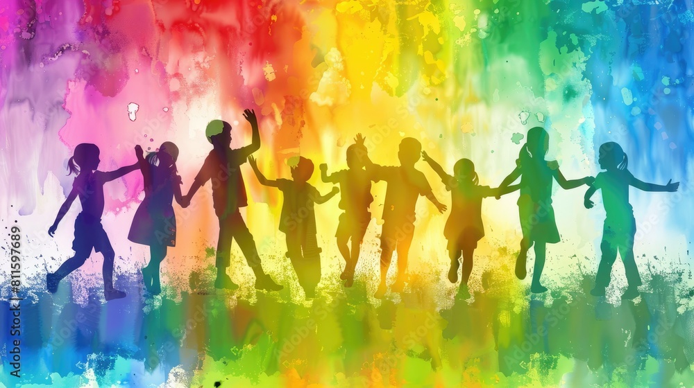 Silhouettes of children playing on a colored background. The children are holding hands. Children Protection Day.