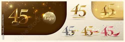 45th anniversary logotype modern gold number with shiny ribbon. alternative logo number Golden anniversary celebration