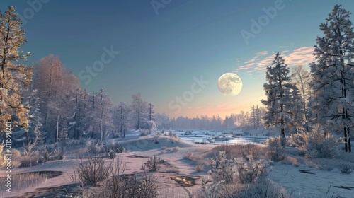 Scenic Winter Morning View in Northern Europe with Moon Above Trees