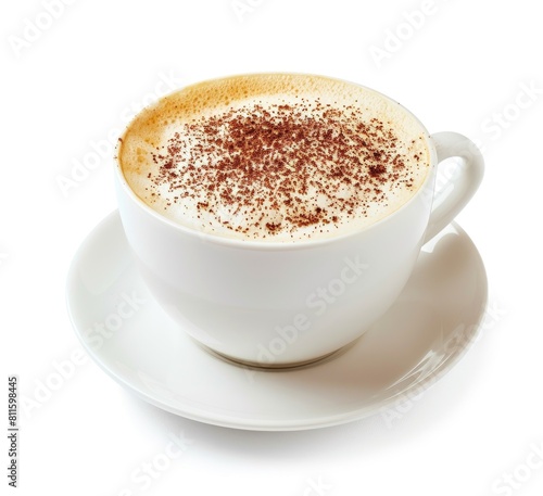 Tableware with cappuccino in coffee cup and latte art on a saucer